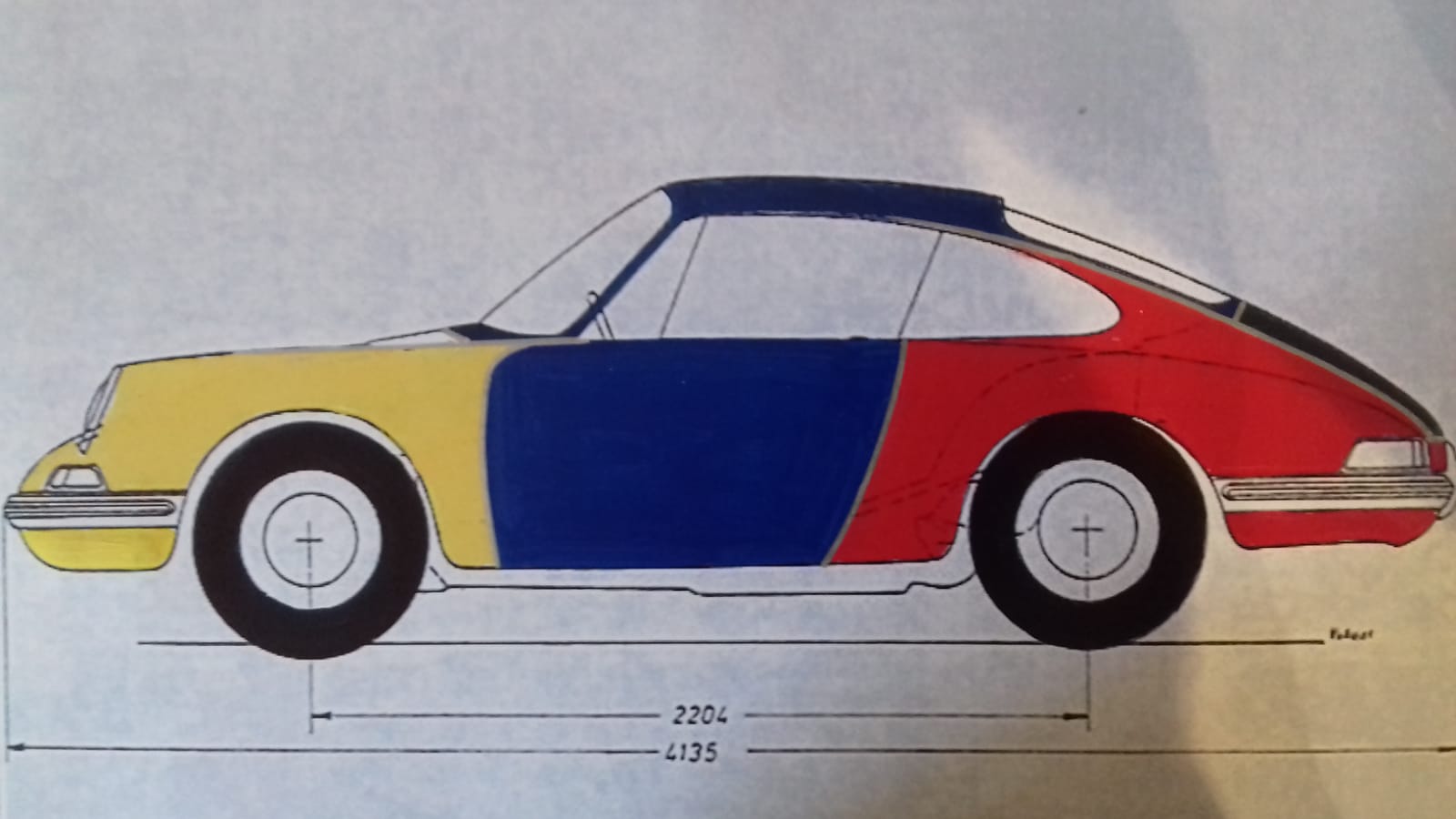 Seitenansicht-Entwurf des FamosNine Farbkonzepts für den Porsche 912